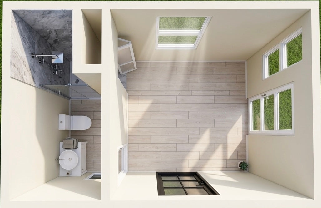 Wooden shed with bathroom