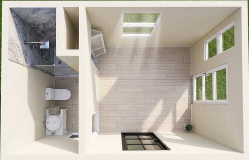 Wooden shed with bathroom